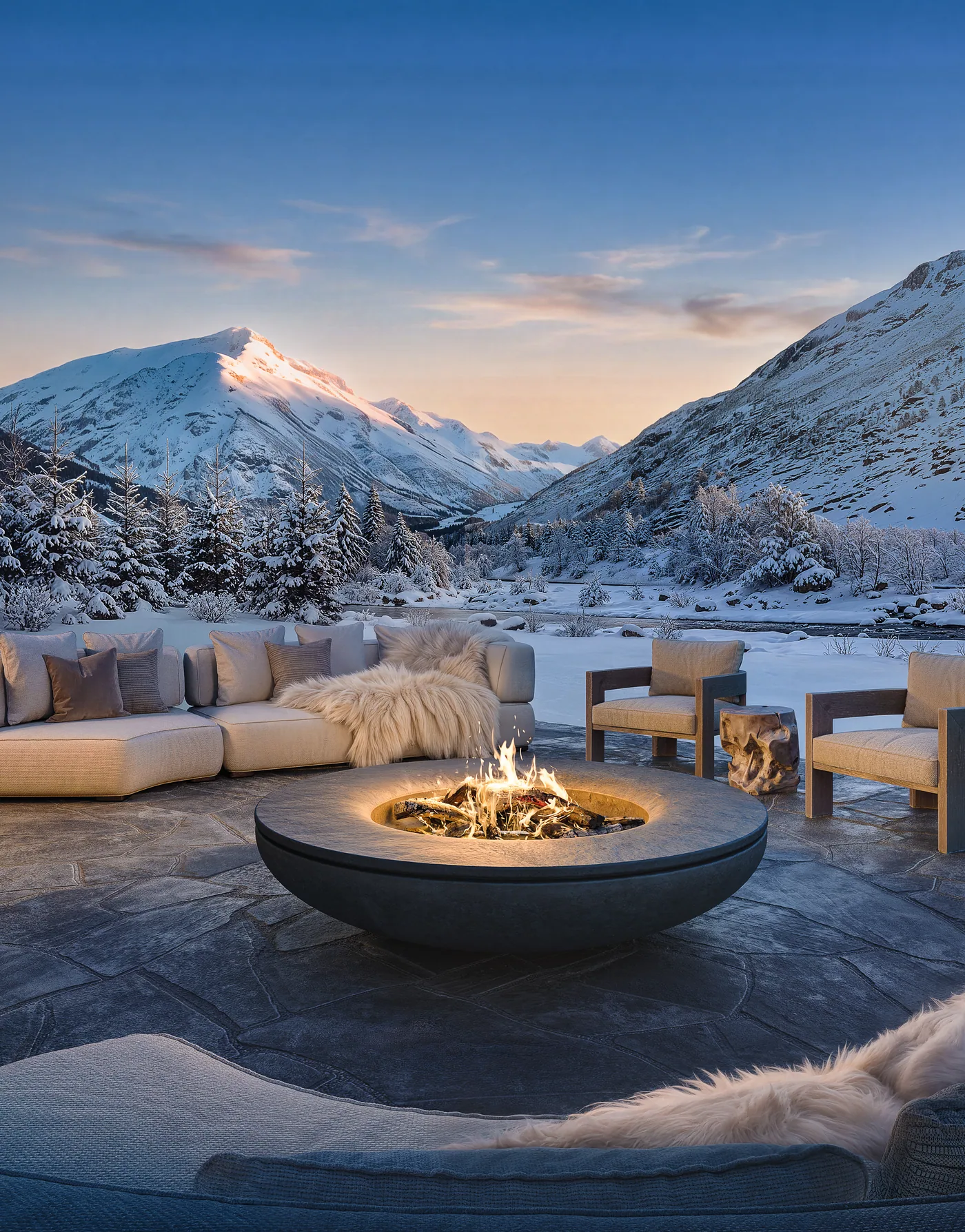 Terrace with a fire pit and lounge seating overlooking the snowbound valley at dusk